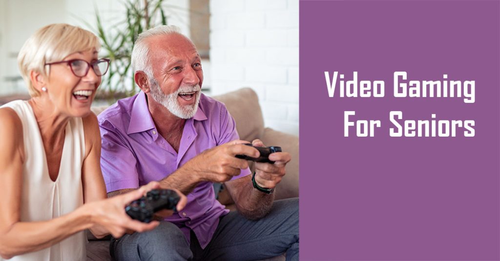 Caucasian, elderly man and woman playing a video game with text "Video Gaming For Seniors"
