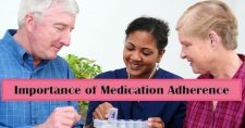 The Importance of Medication Adherence for Senior Health and Well-being. Picture of an older caucasian male and female with a young black nurse going over their medication.