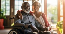 African American couple smiling in wheel chair with sunshine